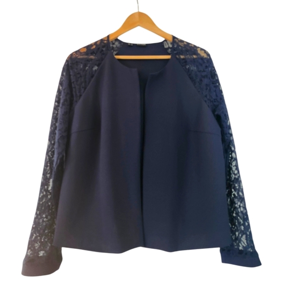 Navy Blue Lace Sleeve Blazer Romantic Officewear Feminine Chic Sz 44 EU/US L - Picture 7 of 10